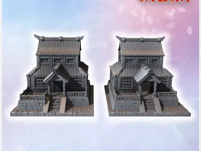 Pair of large Japanese buildings with wooden stairs tiled roofs  3D print model