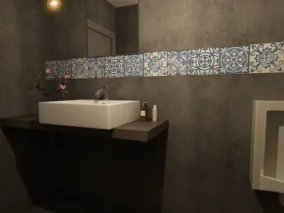Restroom bathroom with tiled walls and mirror Free 3D model