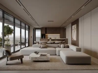 AR-25052 Moonlit Villa - Livingroom-Dining-Kitchen 3D Scene 3D model