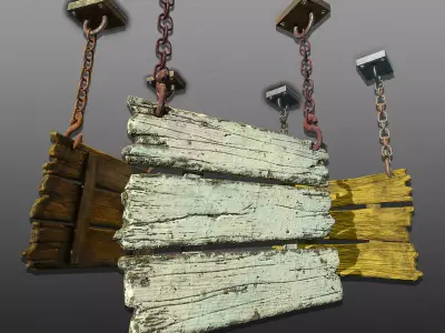 3-Tier Wooden Hanging Signs - Game Ready Low-poly 3D model