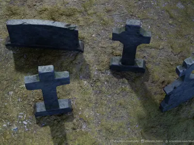 Tombstone - 3D model - Game Ready four tombstones Low-poly 3D model