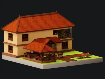 Simple Low Poly Isometric Traditional Indian House 3D Model Low-poly 3D model
