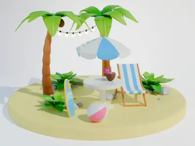 Stylized beach umbrella and sun lounger set 3D model