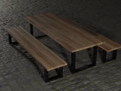 Table and two benches Low-poly  3D model