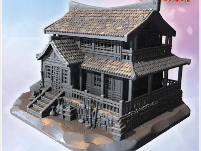 Traditional two-story house with tiled roof wooden railings and  3D print model