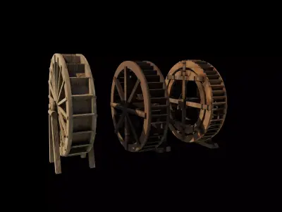 wooden water wheels set 02 3D model
