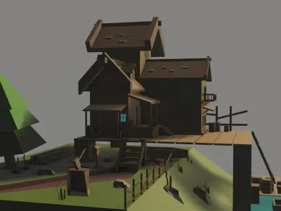 Lowpoly House on island Low-poly 3D model