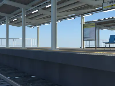 Japanese Rural Station Platform    2 Island 4 Track Set Low-poly 3D model