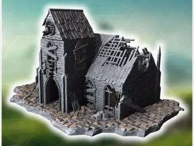 Ruined church with broken roof damaged walls and stone-paved gro 3D print model