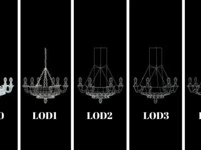 Royal Antique Wooden Chandelier with LODs Low-poly 3D model