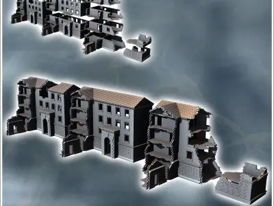 Set of three modern ruined buildings with central arch and stone 3D print model
