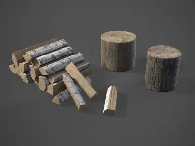 Firewood pile with stumps and axe Low-poly 3D model