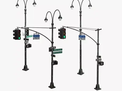 COLLECTION LowPoly Traffic light with street lamp Low-poly 3D model