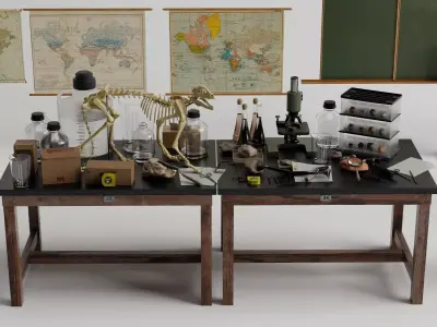 Vintage Classroom Science Lab Old Maps Blackboard Desk Props Low-poly 3D model