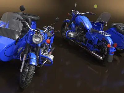  Retro Classic Blue Motorcycle with Sidecar Rigged 
