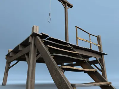 Gallows wooden platform with rope hanging from it 3D model