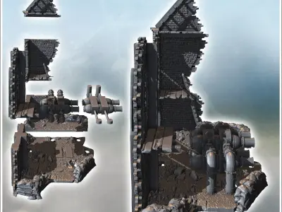 Ruined wall segment with sandbag barricades and exposed pipes at 3D print model