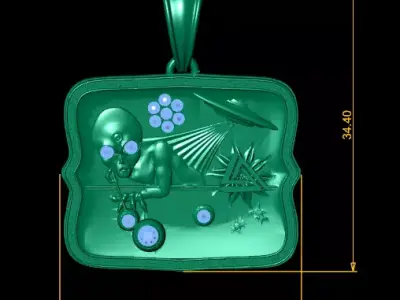 Alien Encounter Pendant  3D Printable Gold Jewelry with Rubies 3D print model