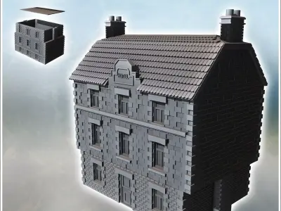 Modern two-story hotel with tiled roof and cut stone and brick w 3D print model