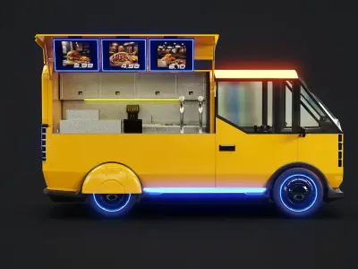  Futuristic Cyberpunk Street Food Truck 3D Model -Neon Sci-Fi Food Van 