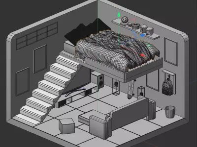 Stylized Loft Bedroom Animated Scene Low-poly 3D model