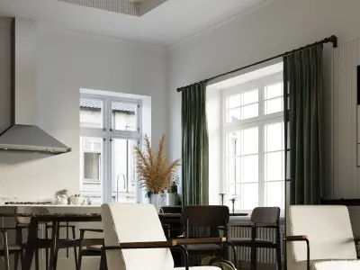 Minimalistic Living Room and Kitchen with Wood Parquet Floor Low-poly 3D model