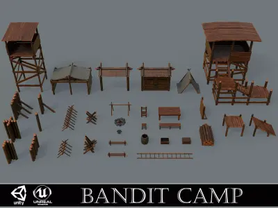 Set of 33 Medieval Bandit Camping Assets Low-poly 3D model
