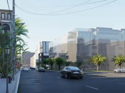 Street N city with cars and palm trees 3D model
