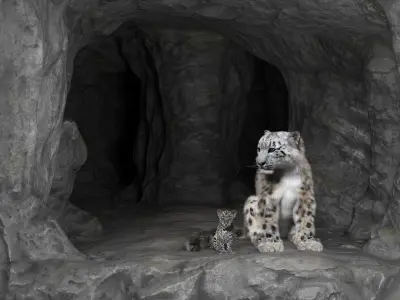  Snow Leopard Mother and Calf in Cave Habitat Fur 