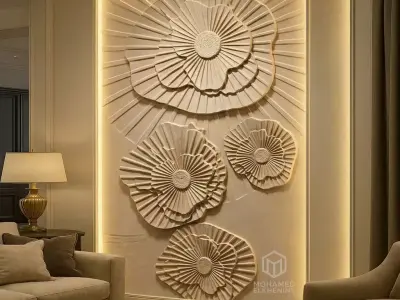 Modern Floral Bas-Relief Wall Decor Set STL Mural CNC 397  3D model