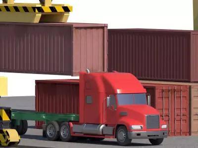 Location scene Crane load container to track Low-poly 3D model