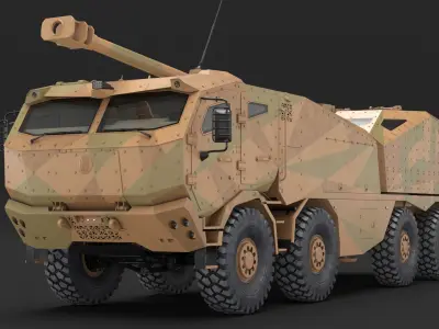  Wheeled Armored Howitzer in Desert Camouflage Rigged for Maya 