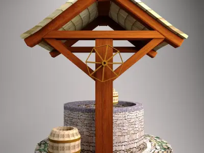 Low poly WELL water fountain with wooden roof Free low-poly 3D model