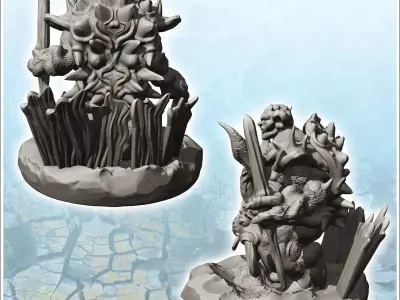 Evil creature with large belly armor with horns and wooden stick 3D print model