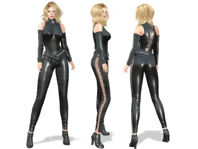 Black Leather Lace Up Body Suit Outfit Suit Armwarmers Boots Low-poly 3D model