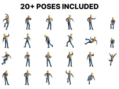 Male Cartoon Worker Builder Character Illustration Low-poly 3D model