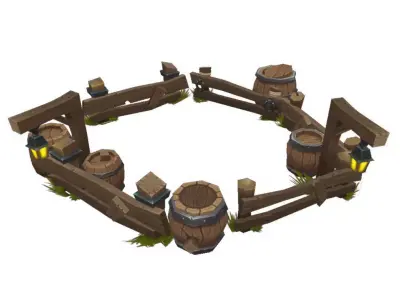 Barrel n Fence Set - Low Poly Hand Painted Low-poly 3D model