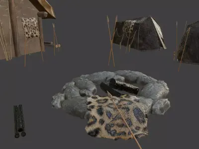 Prehistoric village tents fireplace 3D model