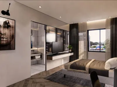 bedroom modern with walls and wooden floors 3D model get