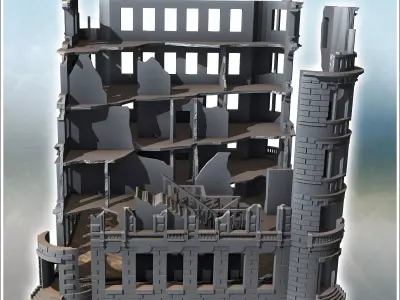 Building with rounded corners and brick walls destroyed version  3D print model