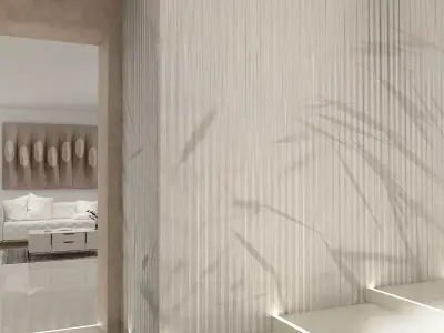 Vertical Striated Plaster with Botanical Shadows Texture