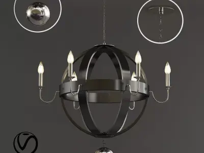 Burrel wooden globe chandelier with six lights 3D model