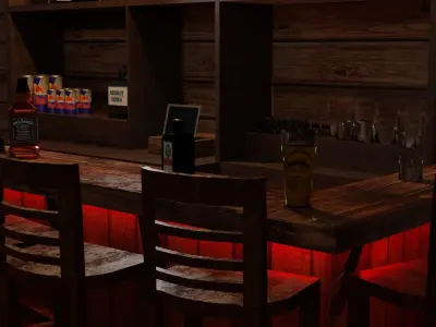 Bar counter with various drinks and red lighting Low-poly Low-poly 3D model