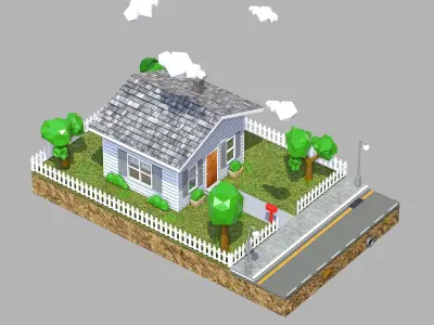 Low Poly House with fence Low-poly 3D model