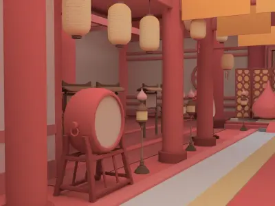 Low poly Chinese architecture with interior Low-poly 3D model