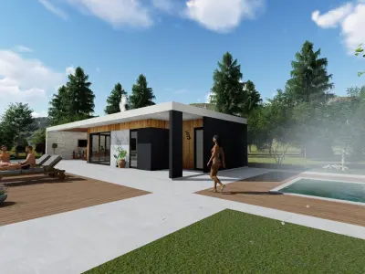 modern house with swimming pool and fireplace 3d model exterior Low-poly 3D model