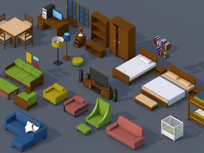 100 Low Poly Furniture Pack 4 in 1 Low-poly 3D model