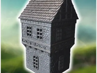 Tall medieval building with a turret stone walls and a pointed r 3D print model