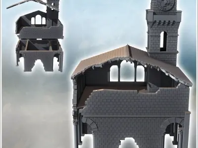 Large classical tile-roofed building with stone walls clock towe 3D print model purchase