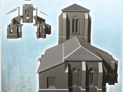 European church with bell tower tiled roof and numerous buttress 3D print model